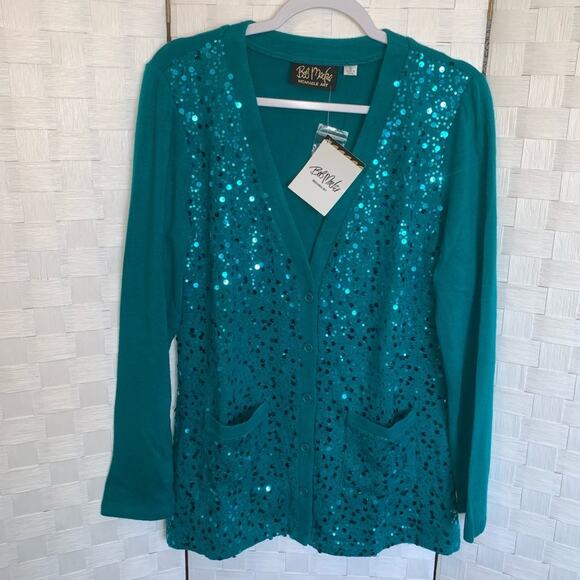 Bob Mackie Womens Wearable Art Sequin Aqua Blue Button Up Cardigan Size Small - Picture 13 of 16